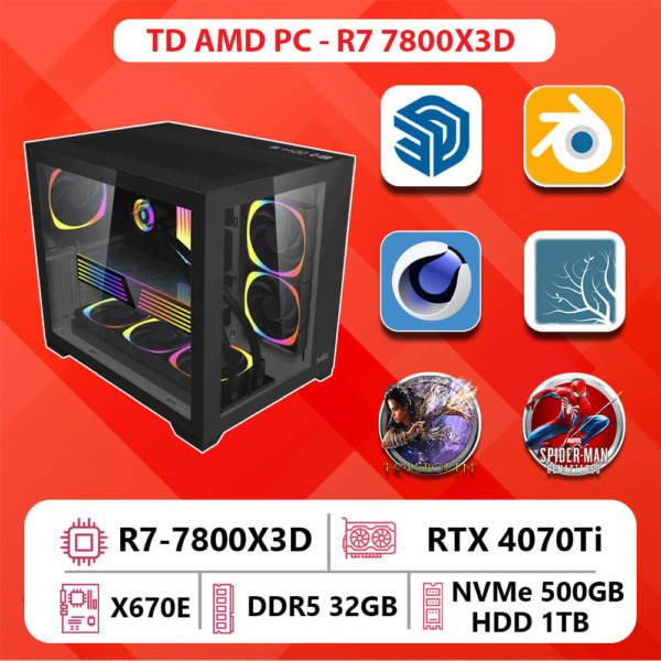 TD AMD PC (R7-7800X3D, X670E, 32GB DDR5, RTX 4070Ti, SSD 500GB, HDD 1TB)