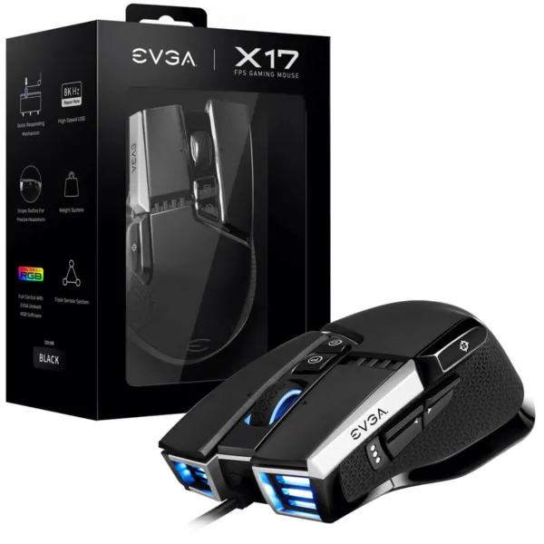 EVGA X17 Gaming Mouse - Wired - Black - Customizable - 16,000 DPI - 5 Profiles - 10 Buttons - Ergonomic