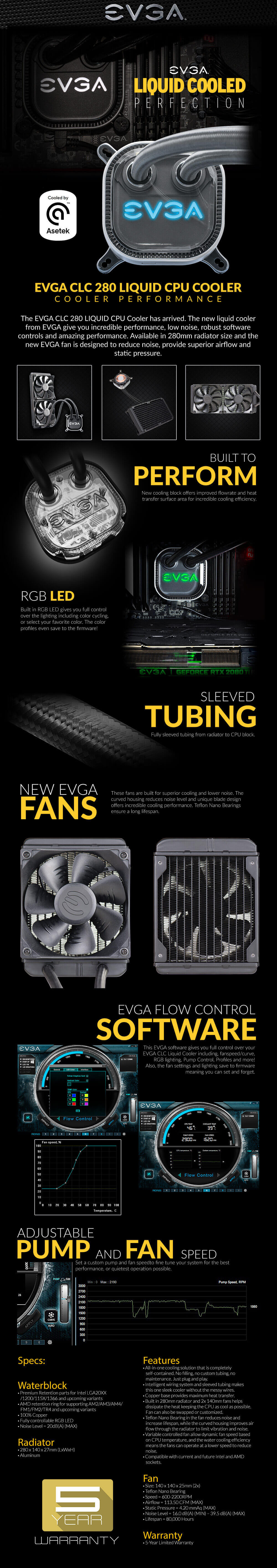 EVGA CLC 280mm All-In-One RGB LED CPU Liquid Cooler - 2x FX13 140mm PWM Fans