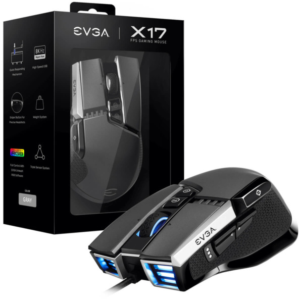 EVGA X17 Gaming Mouse – Wired – Grey – Customizable – 16,000 DPI – 5 Profiles – 10 Buttons – Ergonomic