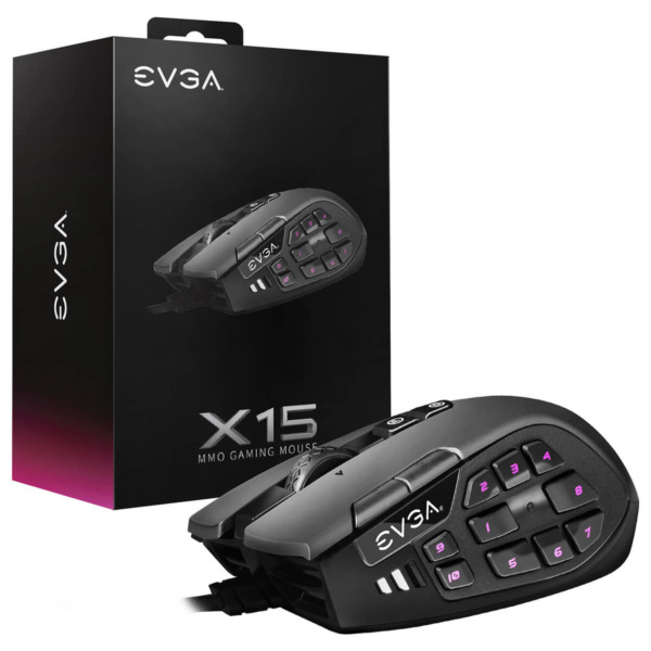 EVGA X15 MMO Gaming Mouse – 8k – Wired – Black – Customizable – 16,000 DPI – 5 Profiles – 20 Buttons – Ergonomic