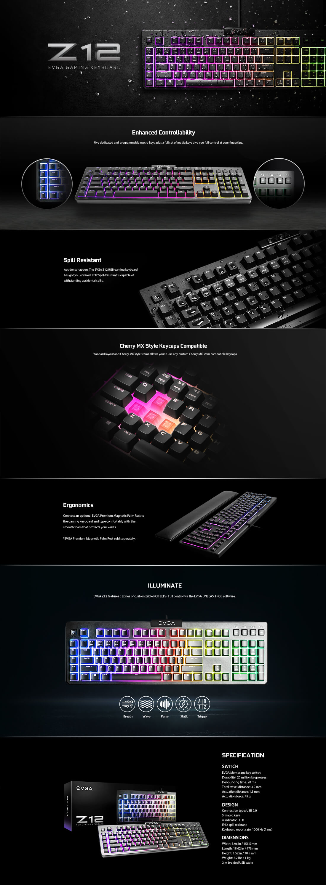 EVGA Z12 - RGB Gaming Keyboard - RGB Backlit LED - 5 Programmable Macro Keys - Dedicated Media Keys - Water Resistant