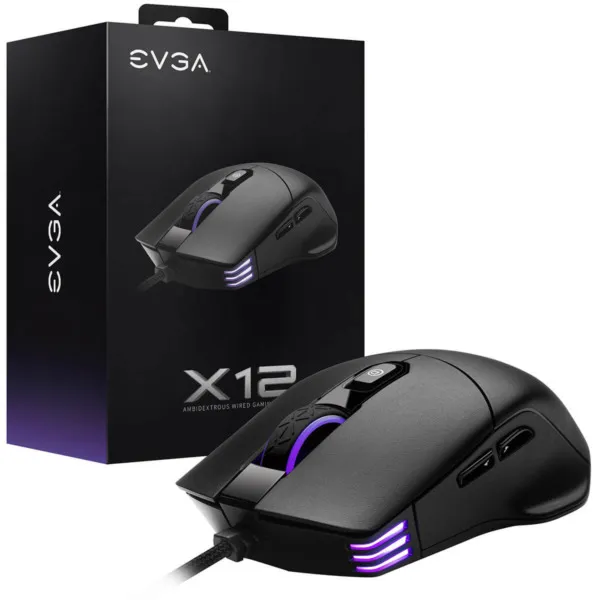 EVGA X12 Gaming Mouse - 8K - Wired - Black - Customizable - Dual Sensor - 16,000 DPI - 5 Profiles - 8 Buttons - Ambidextrous Light Weight - RGB