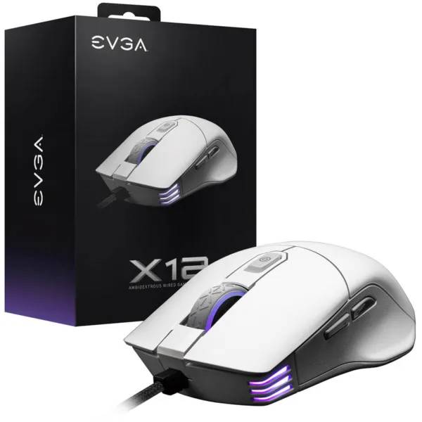 EVGA X12 Gaming Mouse - 8K - Wired - White - Customizable - Dual Sensor - 16,000 DPI - 5 Profiles - 8 Buttons - Ambidextrous Light Weight - RGB