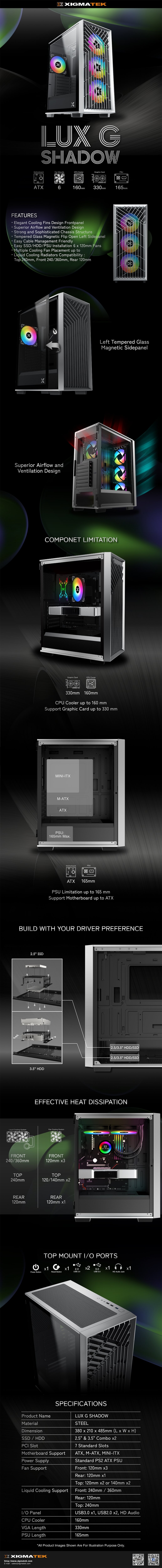 XIGMATEK LUX G SHADOW Mid Tower Case 3x Fan XIGMATEK LUX G SHADOW - Mid Tower Case (3x Fan)