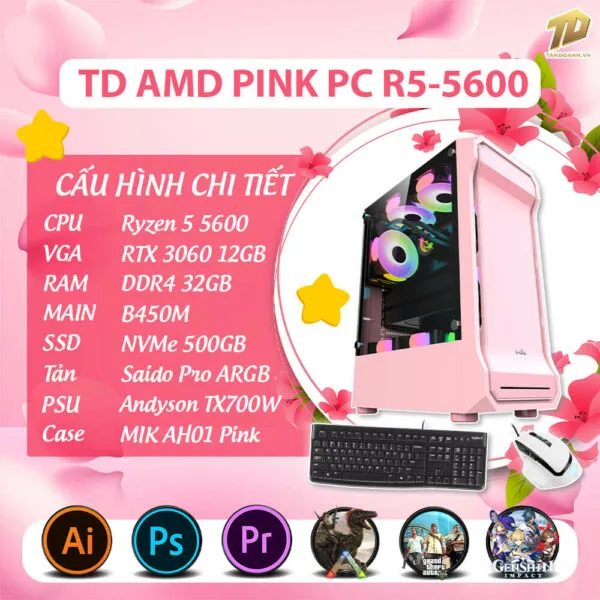 TD AMD PINK PC (R5-5600, RTX3060 , B450M, 32GB DDR4, SSD 500GB)