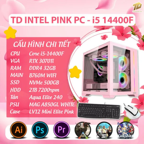 TD INTEL PINK PC (i5 14400F, B760M, RTX 3070Ti, 32GB DDR4, SSD 500GB, HDD 2TB)