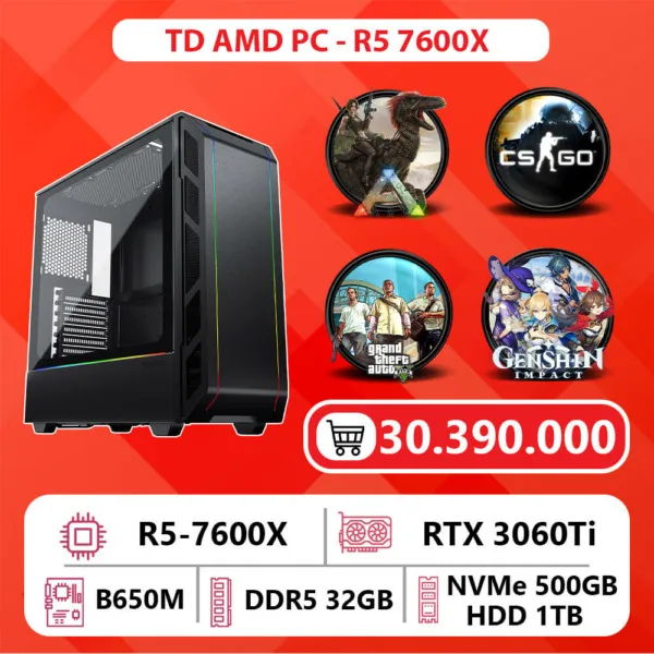 TD AMD PC (R5-7600X, B650M, 32GB DDR5, RTX 3060Ti, SSD 500GB, HDD 1TB)