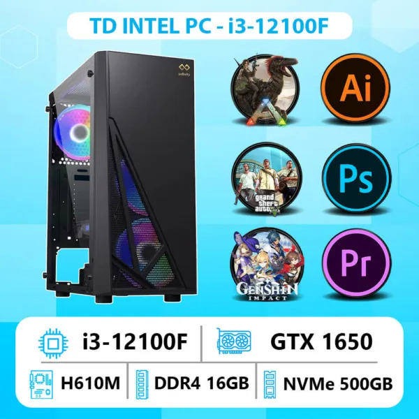 TD INTEL PC (I3-12100F, H610M, GTX1650, 16GB DDR4, SSD 500GB, MÀN HÌNH LG 27GQ50F)