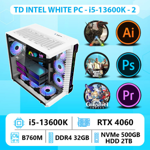 TD INTEL WHITE PC (i5 13600K, B760M, RTX4060, 32GB DDR4, SSD 500GB, HDD 2TB)