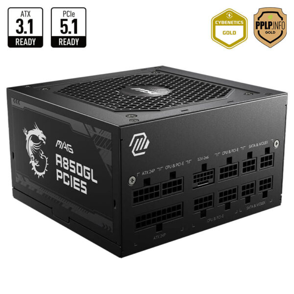 MSI MAG A850GL PCIE5 ATX 3.1- 850W 80Plus Gold - Fully Modular - Support PCIe Gen 5.1 Graphics Card