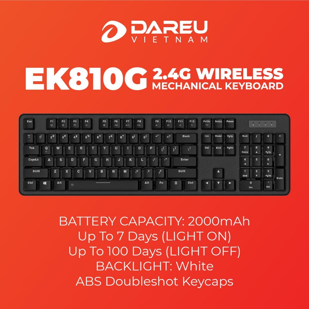 Phim co DAREU EK810G 104 Keys Wireless Blue Brown Red D Switch Features Phím cơ DAREU EK810G - 104 Keys (Wireless - Blue / Brown / Red D Switch)