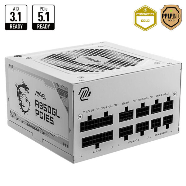 MSI MAG A850GL PCIE5 WHITE ATX 3.1- 850W 80Plus Gold – Fully Modular – Support PCIe Gen 5.1 Graphics Card