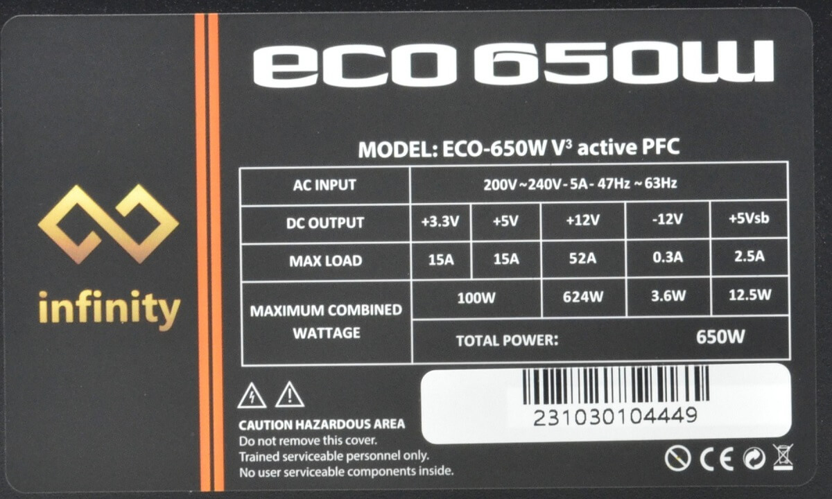 Infinity Eco V3 650w – DC to DC – Hiệu suất 88% – Active PFC – Single Rail