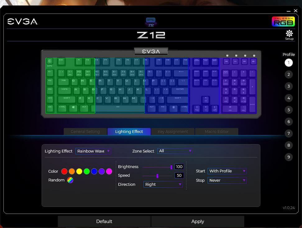 EVGA Z12 - RGB Gaming Keyboard - RGB Backlit LED - 5 Programmable Macro Keys - Dedicated Media Keys - Water Resistant EVGA Z12 - RGB Gaming Keyboard - RGB Backlit LED - 5 Programmable Macro Keys - Dedicated Media Keys - Water Resistant