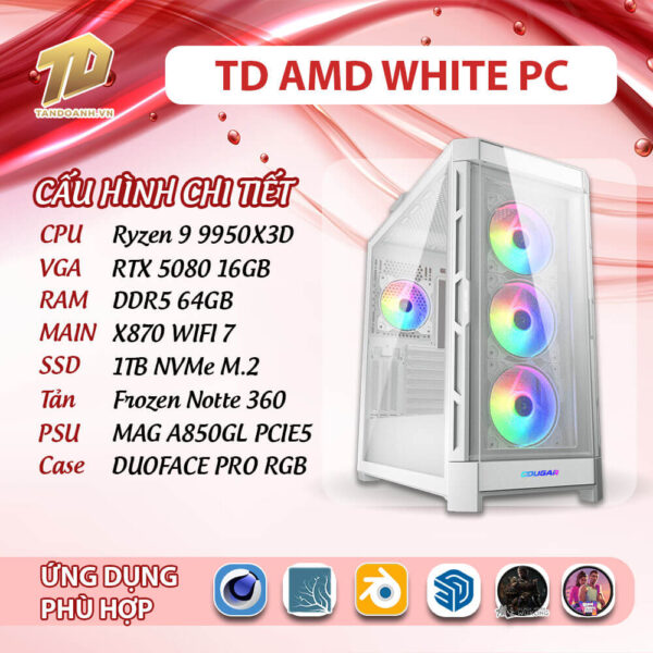 TD AMD WHITE PC (R9-9950X3D, X870, 64GB DDR5, RTX 5080 16GB, SSD 1TB)