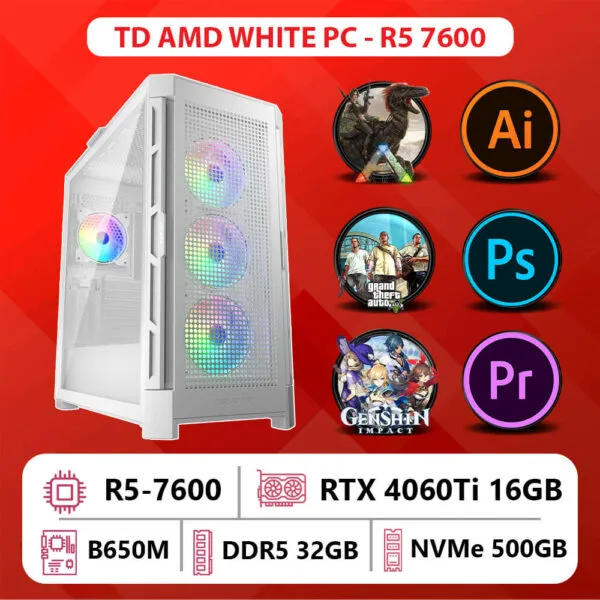 TD AMD WHITE PC (R5-7600, B650M, 32GB DDR5, 4060TI 16GB, SSD 500GB)