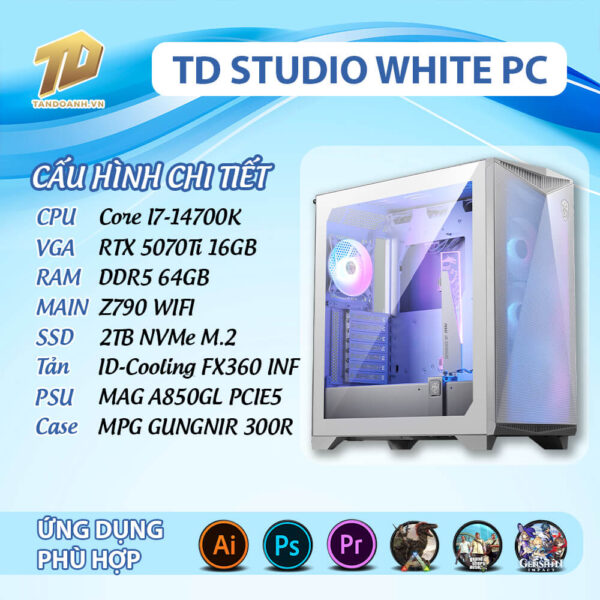 TD STUDIO WHITE PC (I7-14700K, Z790, 64GB DDR5, 5070TI 16GB, SSD 2TB)