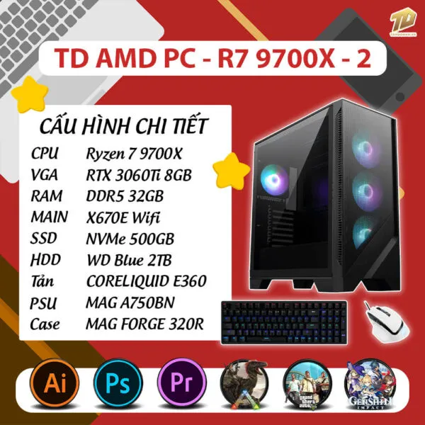 TD AMD PC (R7-9700X, 3060TI, X670E, 32GB DDR5, SSD 500GB, HDD 2TB)