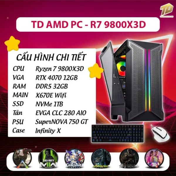 TD AMD PC (R7-9800X3D, RTX4070, X670E, 32GB DDR5, SSD 1TB)