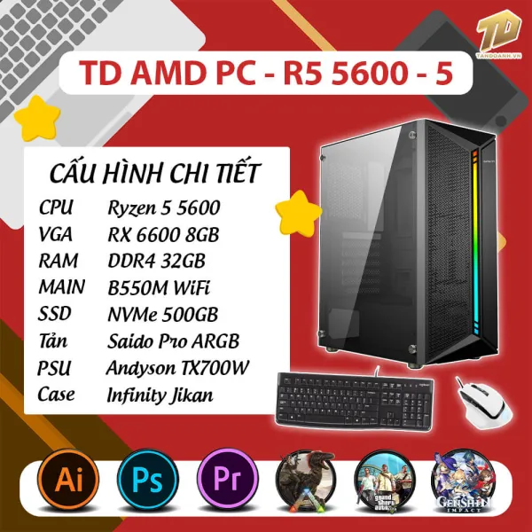 TD AMD PC (R5-5600, B550M, RX6600, 32GB DDR4, SSD 500GB, COMBO 8)