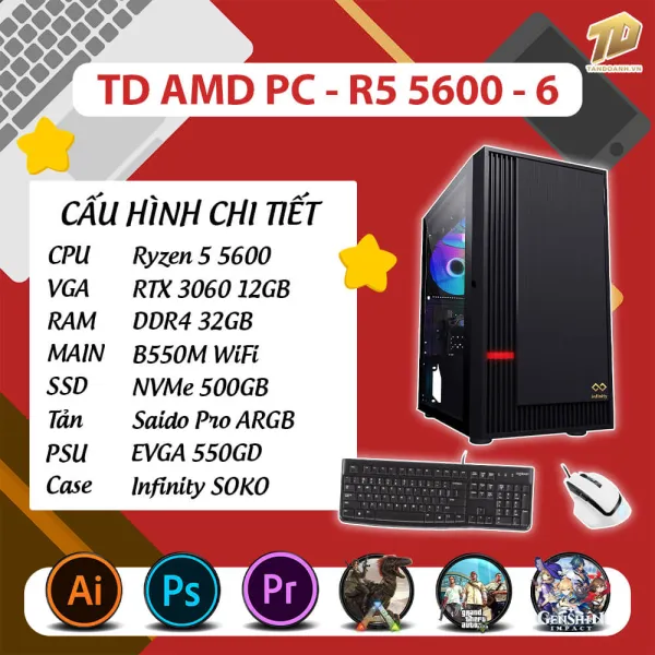 TD AMD PC (R5-5600, B550M, RTX3060, 32GB DDR4, SSD 500GB, COMBO 5)