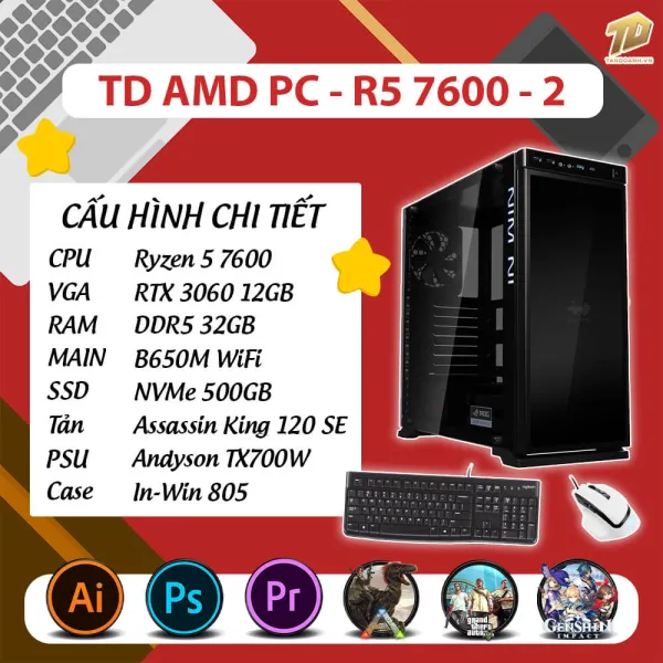 TD AMD PC (R5-7600, B650M, RTX3060, 32GB DDR5, SSD 500GB, COMBO 3)