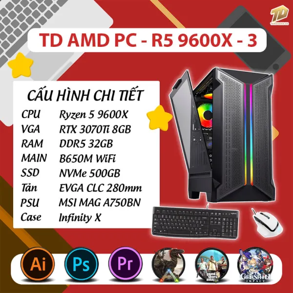 TD AMD PC (R5-9600X, B650M, 3070TI, 32GB DDR5, SSD 500GB, COMBO 15)