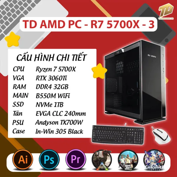 TD AMD PC (R7-5700X, B550M, RTX3060TI, 32GB DDR4, SSD 1TB, COMBO 7)