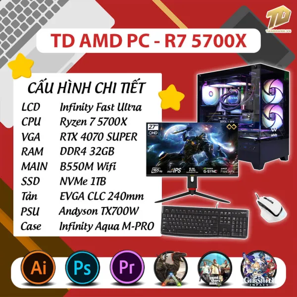 TD AMD PC (R7-5700X, B550M, 4070 SUPER, 32GB DDR4, SSD 500GB, MÀN INFINITY FAST ULTRA 27IN, COMBO 2)