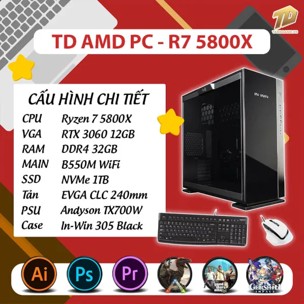 TD AMD PC (R7-5800X, B550M, RTX3060, 32GB DDR4, SSD 1TB, COMBO 9)