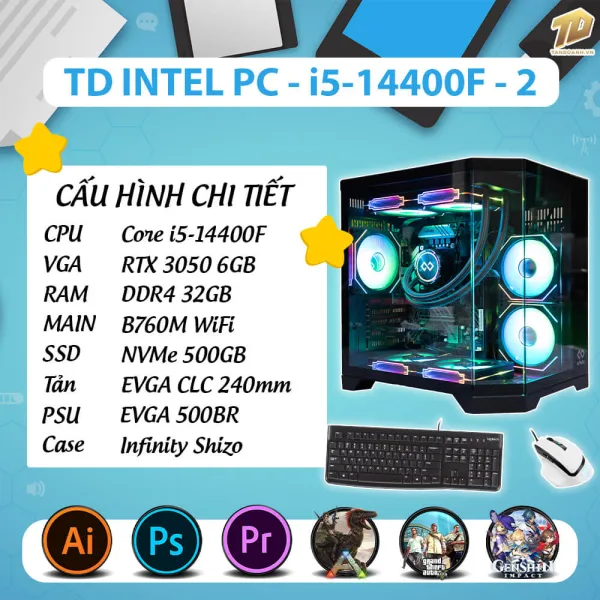 TD INTEL PC (I5-14400F, B760M, RTX3050, 32GB DDR4, SSD 500GB, COMBO 14)