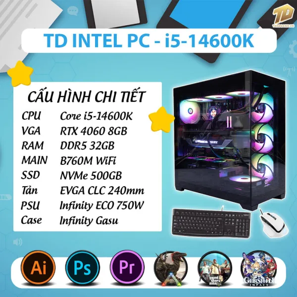 TD INTEL PC (I5-14500, B760M, RTX3080, 32GB DDR5, SSD 1TB, COMBO 6)