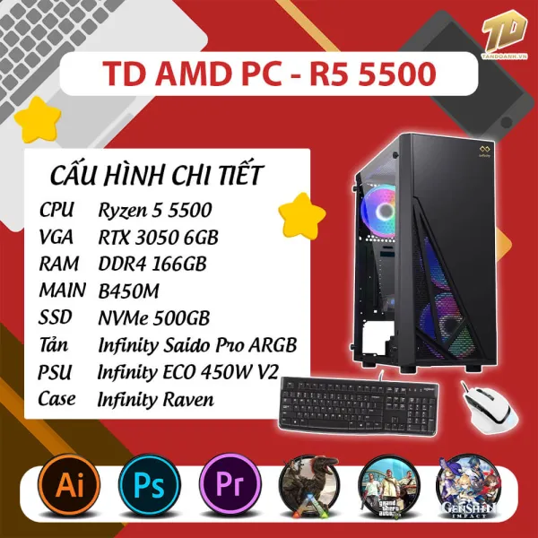 TD AMD PC (R5-5500, B450M, 16GB DDR4, SSD 500GB, RTX3050)