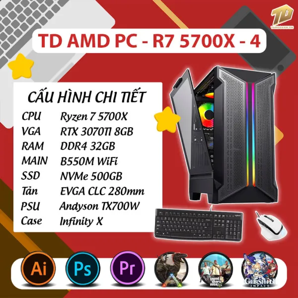 TD AMD PC (R7-5700X, B550M, RTX 3070TI, 32GB DDR4, SSD 500GB, COMBO 15)