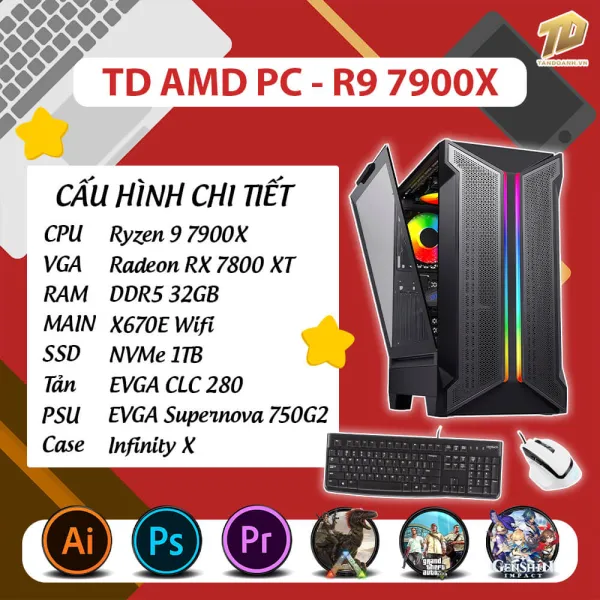 TD AMD PC (R9-7900X, X670E, 32GB DDR5, 7800XT, SSD 1TB)