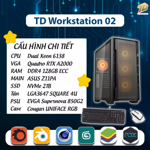 TD Workstation 02 (Dual Xeon 6138, Z11PA, Ram 128GB ECC, Quadro RTX A2000, SSD 2TB)