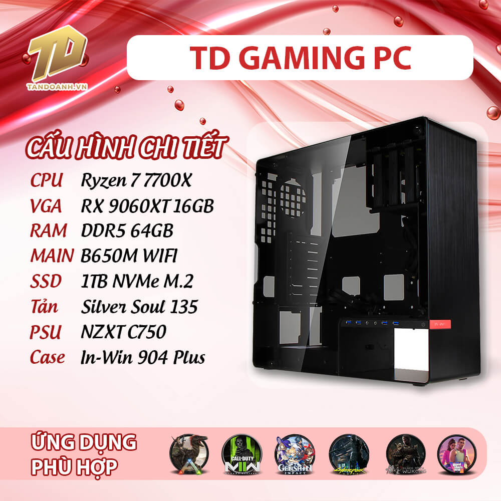 TD GAMING PC 2025 R7 7700X TD GAMING PC (Ryzen 7 7700X, B650M, 64GB DDR5, RX 9060XT, SSD 1TB)