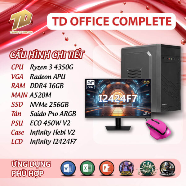 TD OFFICE COMPLETE R3 4350G LCD Chuot TD OFFICE COMPLETE (R3-4350G, A520M, Ram 16GB, SSD 256GB, MÀN INFINITY I2424F)