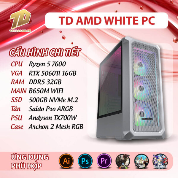 TD AMD WHITE PC (R7-7800X3D, B650M, 5070 12GB, 64GB DDR5, SSD 1TB)