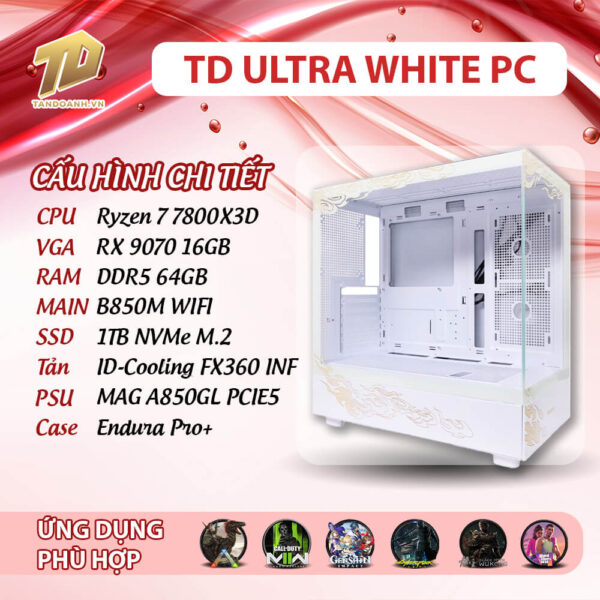 TD ULTRA WHITE PC (R7-7800X3D, B850M, 64GB DDR5, RX 9070, SSD 1TB)