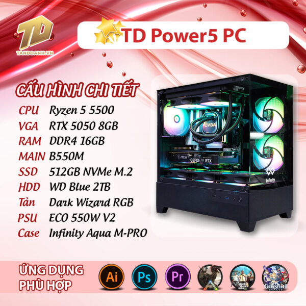 TD Power5 PC (R5-5500, B550M, 32GB DDR4, SSD 500GB, HDD 2TB, RTX5050)