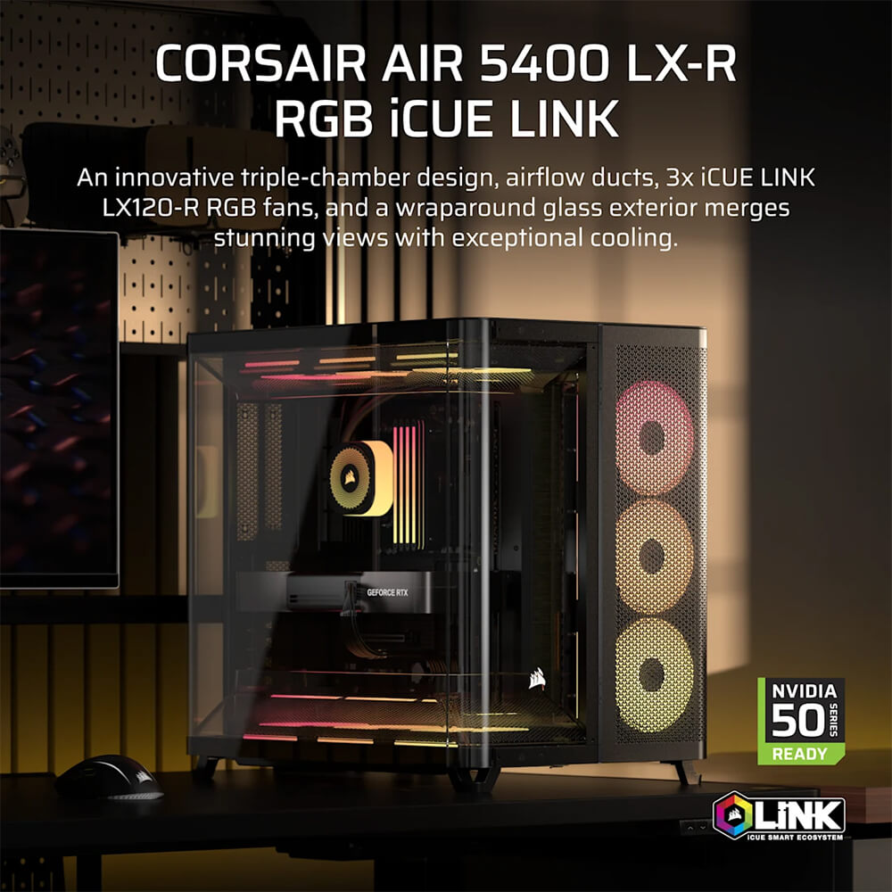 Corsair AIR 5400 LX R RGB iCUE LINK H2 Corsair AIR 5400 LX-R RGB iCUE LINK Black - Triple Chamber Mid-Tower PC Case - Ảnh 2