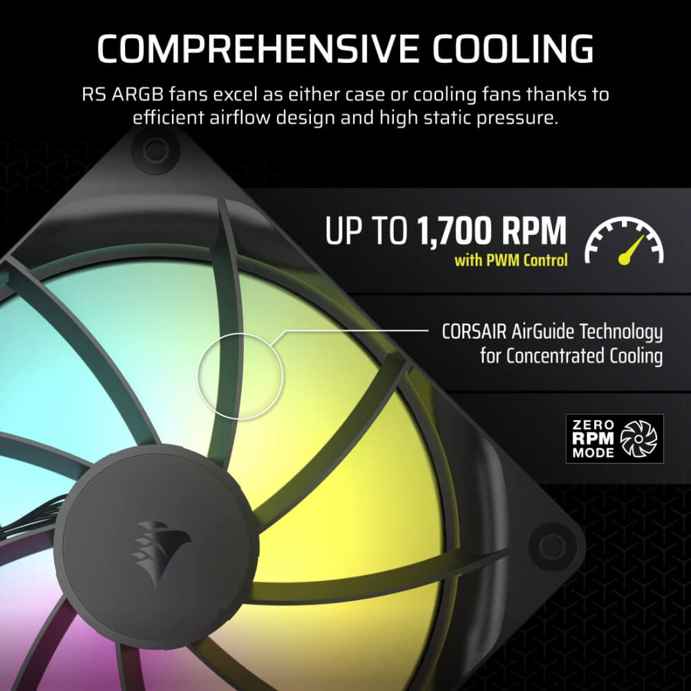 Corsair RS140 ARGB 140mm PWM Fans H7 Corsair RS140 ARGB Black - 140mm PWM Fans - Dual Pack - Ảnh 7